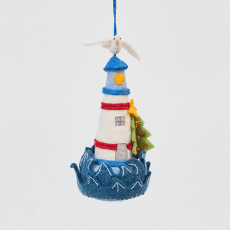 Handmade felt Holiday Lighthouse Christmas ornament from Craftspring rotating to show front, side, and back views—highlighting beaded and embroidered details, sustainably handmade by artisans using sustainable wool.