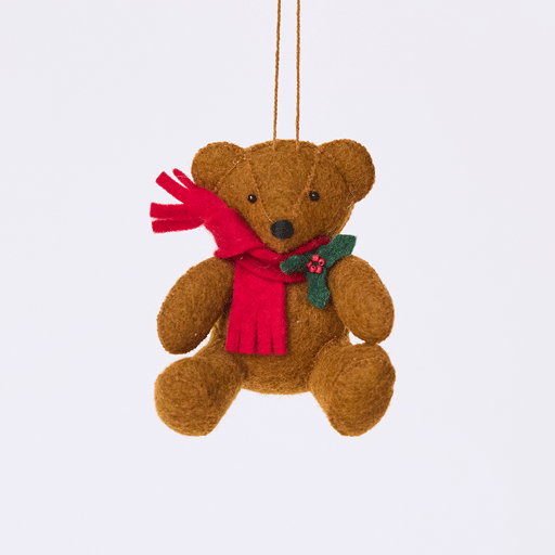 Craftspring’s Holiday Teddy Bear Ornament rotating to show front, side, and back views — felt vintage-style teddy bear wearing a red scarf with holly, a playful ornament perfect for holiday gifting — heirloom-quality Christmas decor, ethically crafted by artisans using sustainable wool.