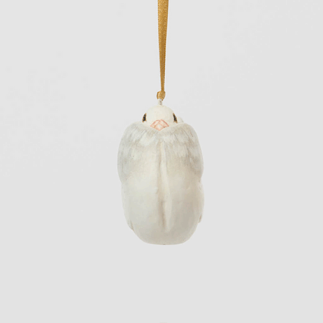A handmade Holle Cropper Pigeon Ornament featuring a hand-painted resin bird with a distinctive puffed chest, creamy white plumage, and satin hanging ribbon.