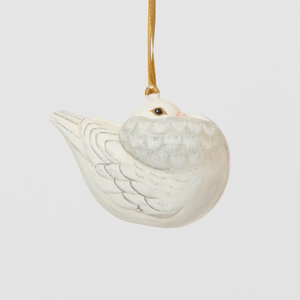 A handmade Holle Cropper Pigeon Ornament featuring a hand-painted resin bird with a distinctive puffed chest, creamy white plumage, and satin hanging ribbon.