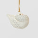 A handmade Holle Cropper Pigeon Ornament featuring a hand-painted resin bird with a distinctive puffed chest, creamy white plumage, and satin hanging ribbon.
