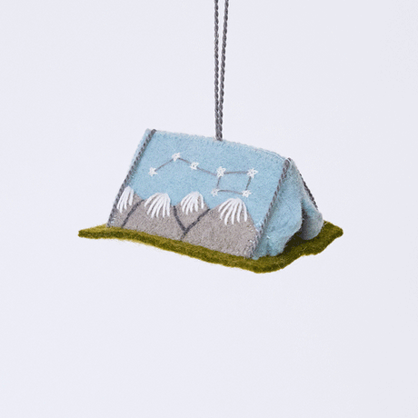 Handmade felt Home Under the Stars Tent ornament from Craftspring rotating to show front, side, and back views—featuring applique and embroidered mountains with the Big Dipper on the side and a mini felt mattress inside the tent, ethically crafted by artisans using sustainable wool.
