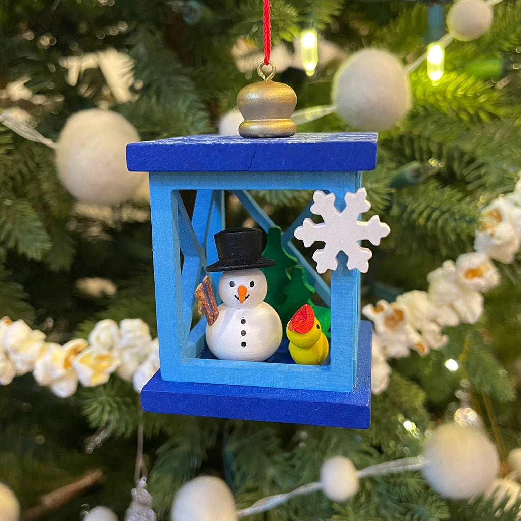 Snowman Lantern German Wooden Ornament
