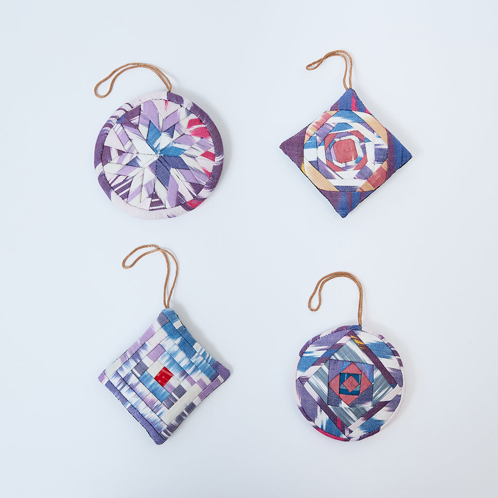 Handmade Ikat Quilted Ornaments, Set of 4, from Craftspring—each ornament with a unique quilted pattern, heirloom-quality Christmas decor, perfect for holiday gifting, ethically handmade by artisans.