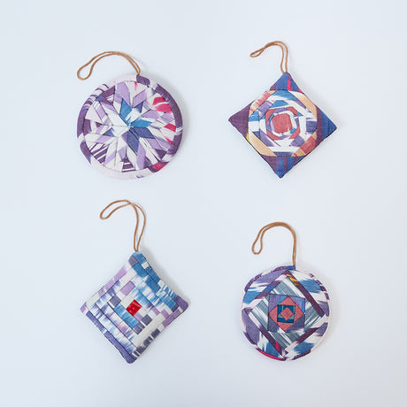 Handmade Ikat Quilted Ornaments, Set of 4, from Craftspring—each ornament with a unique quilted pattern, heirloom-quality Christmas decor, perfect for holiday gifting, ethically handmade by artisans.