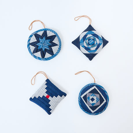 Handmade Indigo Quilted Ornaments, Set of 4, from Craftspring—each ornament with a unique quilted pattern, heirloom-quality Christmas decor, perfect for holiday gifting, ethically handmade by artisans.