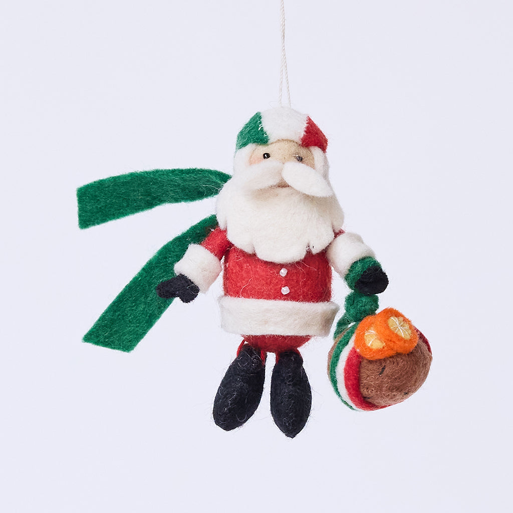 Handmade felt Italian Santa ornament from Craftspring, featuring a cute Santa holding a panettone and wearing a helmet in Italian flag colors—heirloom-quality Christmas decor, ethically crafted by artisans using sustainable wool.