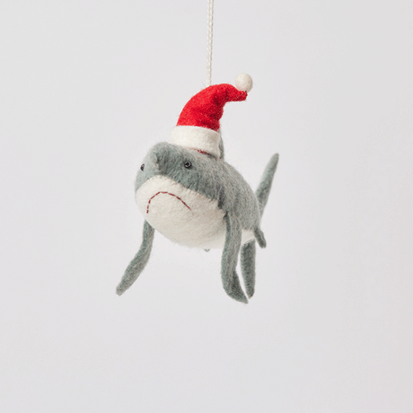 Craftspring’s Jolly Santa Shark Ornament from the Christmas Ocean Ornaments Bundle rotating to show front, side, and back views — felt shark wearing a Santa hat with embroidered and beaded details, a playful ornament perfect for holiday gifting — heirloom-quality Christmas decor, ethically crafted by artisans using sustainable wool.