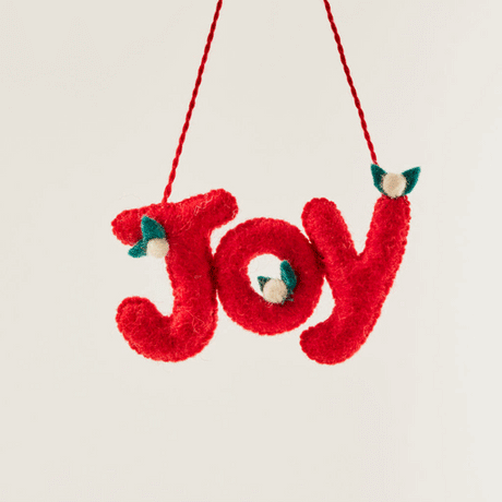 Craftspring’s Joy Berries Ornament from the Comfort and Joy Ornaments Bundle rotating to show front, side, and back views — felt ornament spelling the word “Joy” with small berry details, a whimsical ornament perfect for holiday gifting — heirloom-quality Christmas decor, ethically crafted by artisans using sustainable wool.
