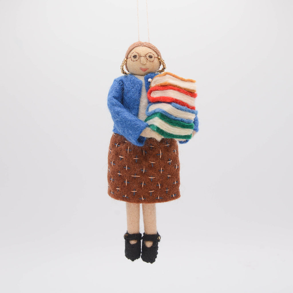 Felt librarian figure ornament, lovingly handmade for bookworms, writers, and those who find joy in every chapter.