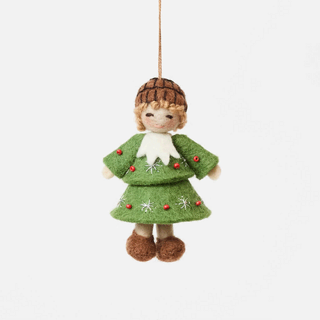 Inspired by the gentle wonder of Waldorf traditions, our Little Acorn Kid Ornament captures the whimsical spirit of a woodland fairy tale. Wearing an adorable felted acorn cap and a charming oak-leaf skirt.