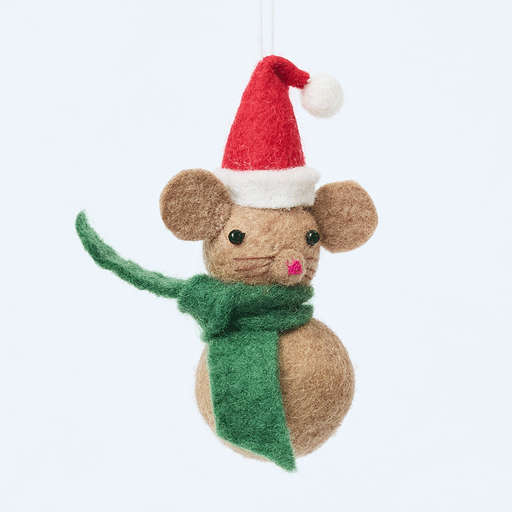 Handmade felt Little Drop Santa Mouse Ornament from Craftspring rotating to show front, side, and back views—Santa-hat wearing mouse with a cute nose, heirloom-quality Christmas decor, ethically handcrafted by artisans using sustainable wool.