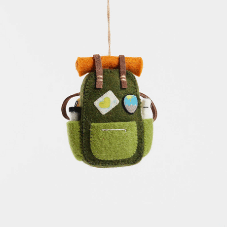 Craftspring’s Love Camping Backpack Ornament from the Iconic Craftspring Ornaments Bundle rotating to show front, side, and back views — felt backpack with embroidered and beaded details, a playful ornament perfect for holiday gifting — heirloom-quality Christmas decor, ethically crafted by artisans using sustainable wool.