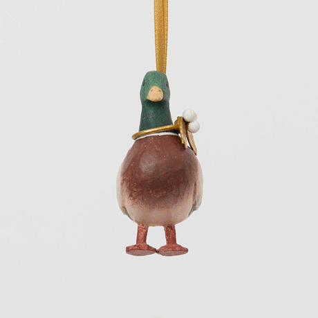 A vintage-inspired Mallard Duck Resin Ornament, hand-painted in the Philippines with a golden metal holly necklace and satin hanging ribbon.