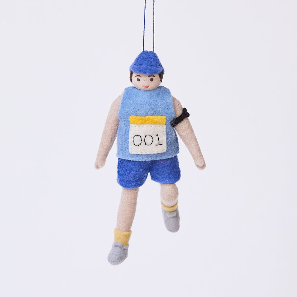 Handmade felt Marathon Runner ornament from Craftspring, featuring a runner with a race bib numbered 001 and an armband—heirloom-quality Christmas decor, ethically crafted by artisans using sustainable wool.