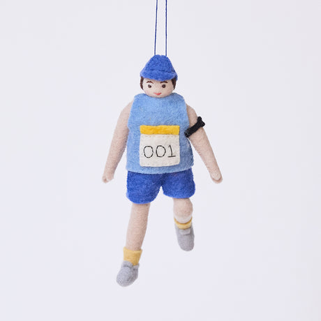 Handmade felt Marathon Runner ornament from Craftspring, featuring a runner with a race bib numbered 001 and an armband—heirloom-quality Christmas decor, ethically crafted by artisans using sustainable wool.