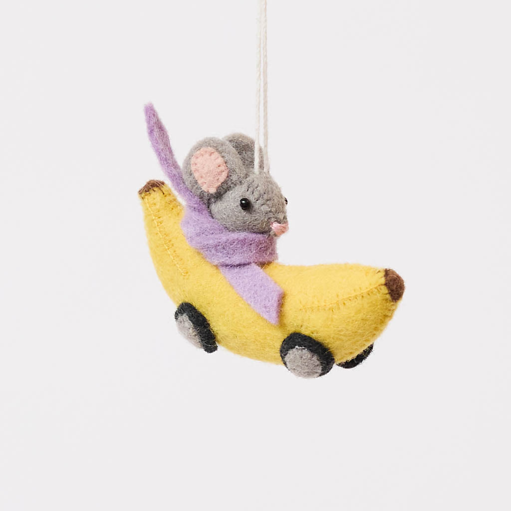 Mouse in Banana Race Car – Felt Whimsical Spring Decor – Craftspring