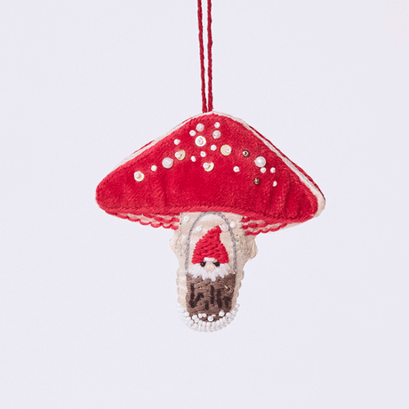 Handmade satin and velvet Mushroom Beaded Ornament from Craftspring rotating to show front, side, and back views—featuring intricate beaded and embroidered details with a gnome peeking out of a door on one side of the mushroom, ethically crafted by artisans using sustainable materials.