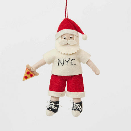 Celebrate Christmas in the Big Apple with our handmade NYC Santa Ornament, featuring Santa dressed like a true New Yorker with an NYC tee and a classic slice of New York pizza.

Who says Santa only runs on milk and cookies? After a busy night delivering gifts across the five boroughs, he's treating himself to a well-earned slice of New York pizza.