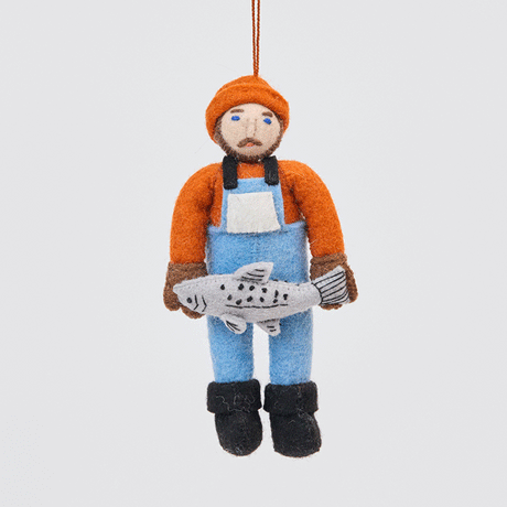360° view of Craftspring’s Old Man Salmon ornament, showcasing its whimsical fishing bib, embroidered details, and felt salmon—festive, heirloom-quality Christmas decor, handmade by artisans from sustainable wool.