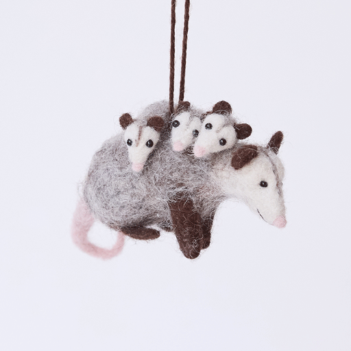 Craftspring’s Opossum Mom with Babies Ornament rotating to show front, side, and back views — featuring three babies with cute faces and pink tails, a playful felt ornament perfect for holiday gifting — heirloom-quality Christmas decor, ethically crafted by artisans using sustainable wool.
