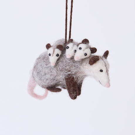 Craftspring’s Opossum Mom with Babies Ornament — needle felted with three babies on her back, featuring cute faces and pink tails, this charming handmade ornament brings playful holiday cheer — heirloom-quality Christmas decor, ethically crafted by artisans using sustainable wool.