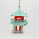 Felt pagoda ornament with two-tiered jade roof and red columns – handcrafted wool décor inspired by Asian garden temples. Stands or hangs. GIF

