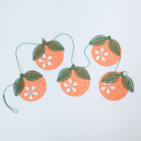 Paper Clementine Garland — set of 2 handmade garlands, each with 5 clementines featuring leaves and intricate cutout details, ethically handmade by artisans from recycled cotton waste — festive Christmas, holiday, and Lunar New Year decor, perfect for joyful gifting.