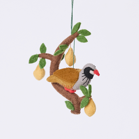 Handmade felt Partridge in a Pear Tree Ornament from Craftspring rotating to show front, side, and back views — partridge in a tree with three dangling pears, with intricate embroidered and beaded details, ethically crafted by artisans using sustainable wool.