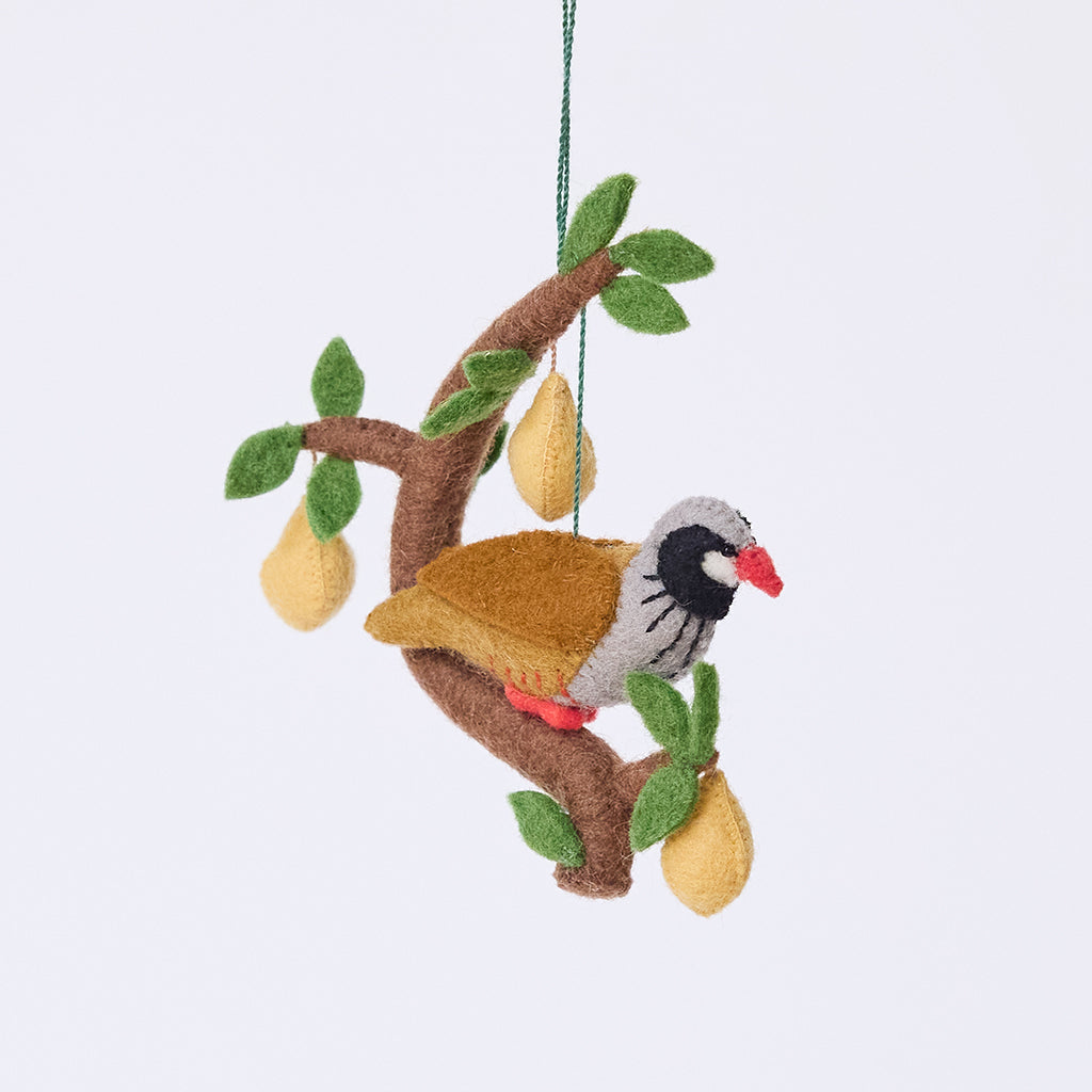 Handmade felt Partridge in a Pear Tree Ornament from Craftspring, featuring a partridge with intricate beaded and embroidered details sitting in a tree with three dangling pears — heirloom-quality Christmas decor, ethically crafted by artisans using sustainable wool.