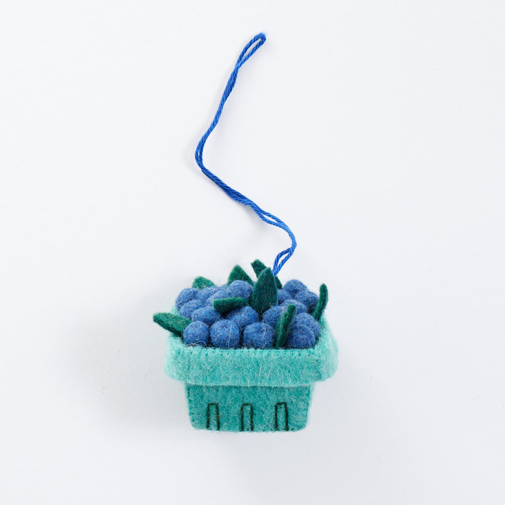 Craftspring’s Pick Your Own Blueberry Basket Ornament from the Iconic Craftspring Ornaments Bundle — felt blueberry basket with embroidered details, a whimsical ornament perfect for holiday gifting — heirloom-quality Christmas decor, ethically crafted by artisans using sustainable wool.