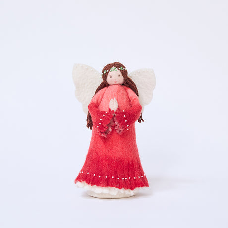 Craftspring’s Praying Angel Tree Topper - Light — felt angel wearing a red dress with white beads, an embroidered and beaded wreath crown, and hands in prayer, with a sweet face — heirloom-quality Christmas tree topper, perfect for holiday gifting, ethically crafted by artisans using sustainable wool.