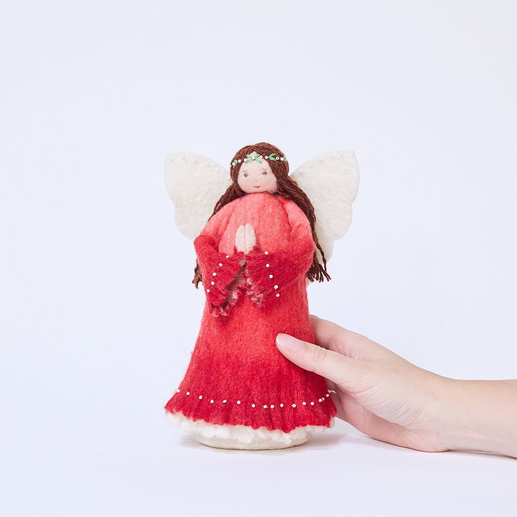 Hand Felted Red Praying Holiday Angel Tree Topper