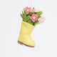 Bright felt rain boot ornament with stitched pink flowers—ideal gift for gardeners and flower lovers