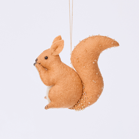 Handmade felt Red Squirrel ornament from Craftspring rotating to show front, side, and back views—featuring delicate beaded and embroidered details, ethically crafted by artisans using sustainable wool.