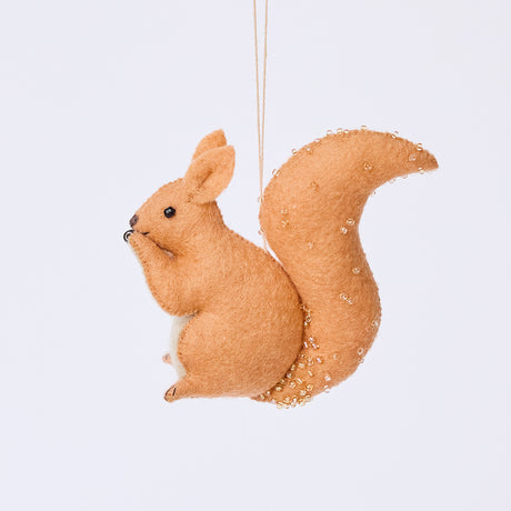 Handmade felt Red Squirrel ornament from Craftspring, featuring delicate beaded and embroidered details—heirloom-quality Christmas decor, ethically crafted by artisans using sustainable wool.