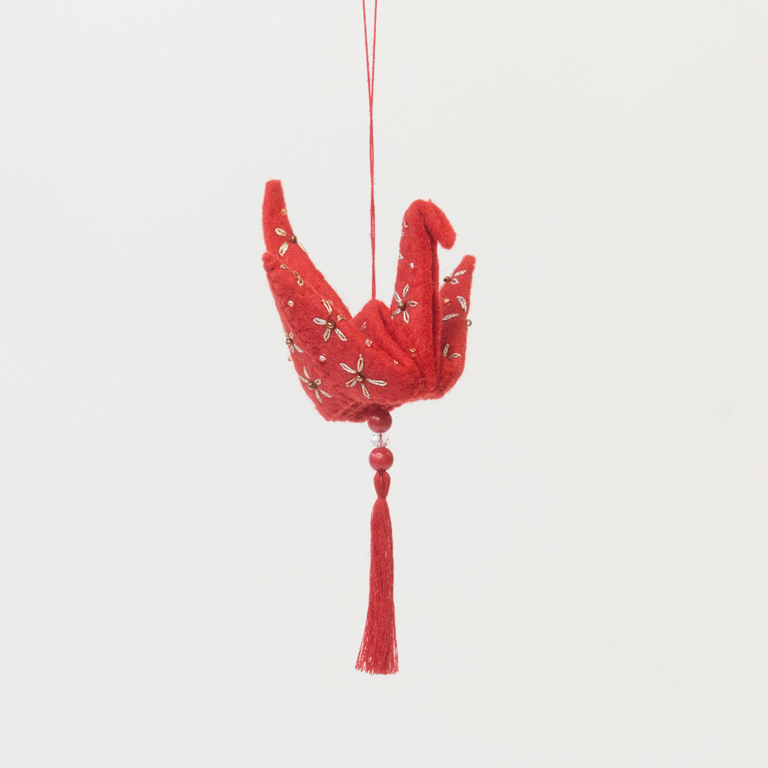 Red & Gold Origami Crane Ornament