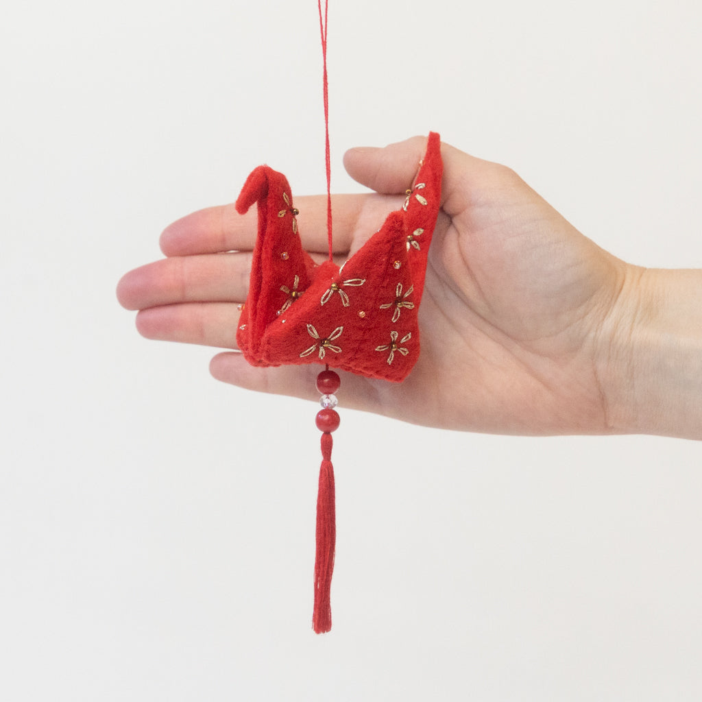 Red & Gold Origami Crane Ornament