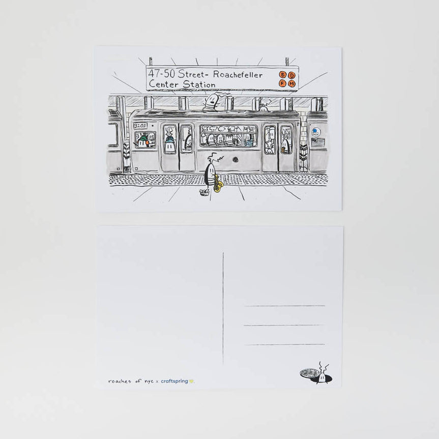 A whimsical illustrated NYC subway postcard featuring JG Debray's playful cockroach characters, created in collaboration with Roaches of NYC and Craftspring.