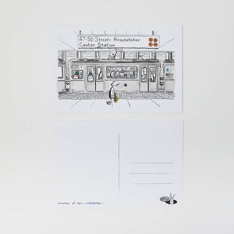 A whimsical illustrated NYC subway postcard featuring JG Debray's playful cockroach characters, created in collaboration with Roaches of NYC and Craftspring.
