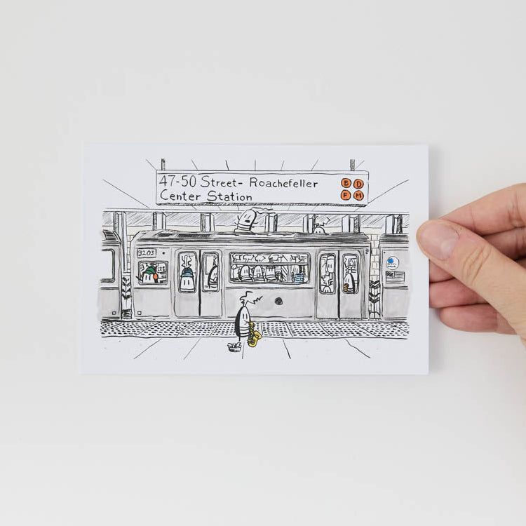 A whimsical illustrated NYC subway postcard featuring JG Debray's playful cockroach characters, created in collaboration with Roaches of NYC and Craftspring.