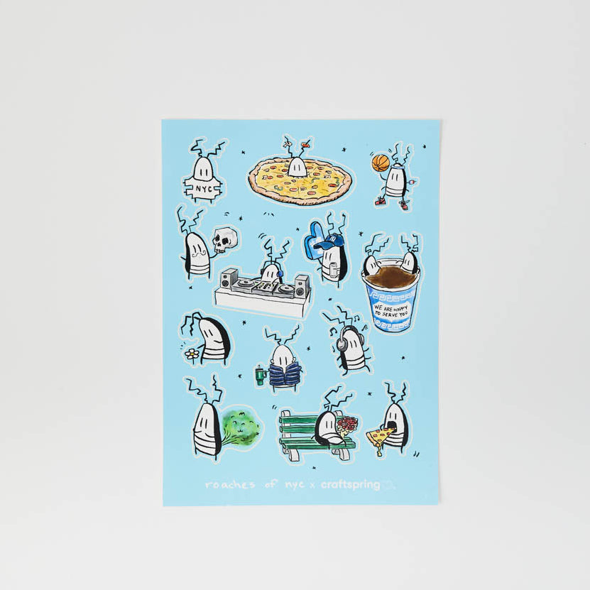 Featuring an assortment of individual illustrated stickers on a cheerful blue sheet, this quirky little collection is perfect for decorating notebooks, journals, cards, and gifts, or adding a touch of NYC personality to your favorite everyday treasures.