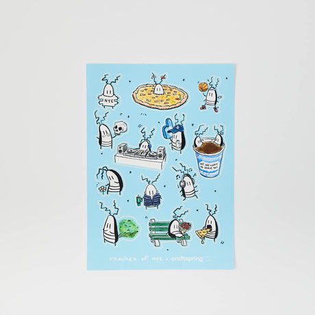 Featuring an assortment of individual illustrated stickers on a cheerful blue sheet, this quirky little collection is perfect for decorating notebooks, journals, cards, and gifts, or adding a touch of NYC personality to your favorite everyday treasures.
