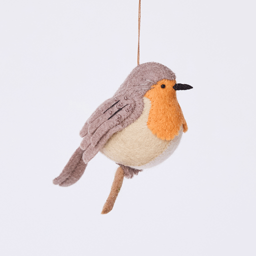 Handmade felt European Robin ornament from Craftspring rotating to show front, side, and back views—featuring delicate beaded and embroidered details, ethically crafted by artisans using sustainable wool.