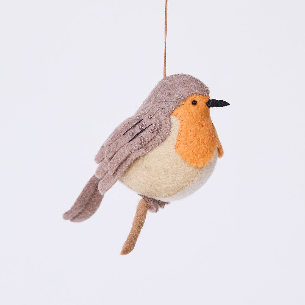 Handmade felt European Robin ornament from Craftspring, featuring delicate beaded and embroidered details—heirloom-quality Christmas decor, ethically crafted by artisans using sustainable wool.