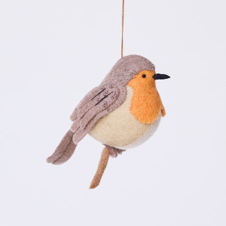 Handmade felt European Robin ornament from Craftspring, featuring delicate beaded and embroidered details—heirloom-quality Christmas decor, ethically crafted by artisans using sustainable wool.