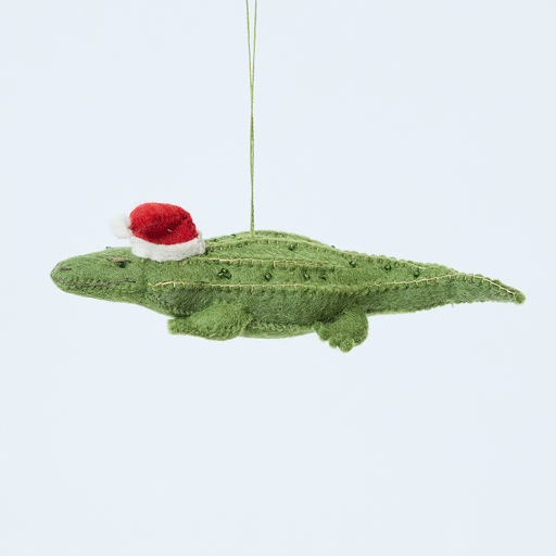 Craftspring’s Santa Alligator Ornament rotating to show front, side, and back views — felt alligator with a beautiful face and embroidered and beaded back ridges, a playful ornament perfect for holiday gifting — heirloom-quality Christmas decor, ethically crafted by artisans using sustainable wool.
