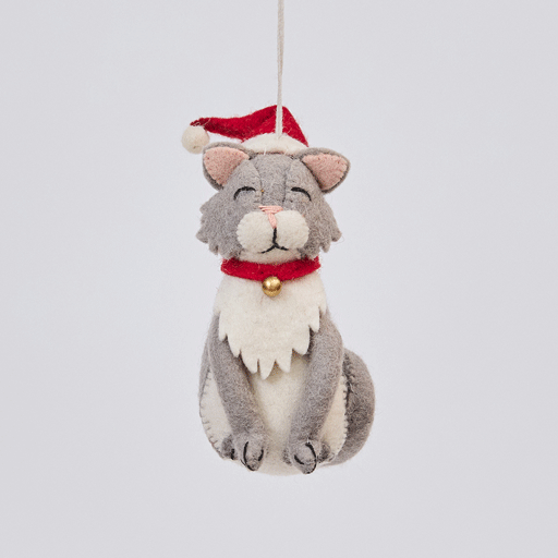 Handmade felt Santa Cat ornament from Craftspring rotating to show front, side, and back views—featuring a gray cat wearing a red Santa hat with detailed stitching, showcasing cozy Christmas warmth and heirloom-quality craftsmanship, ethically crafted by artisans using sustainable wool.