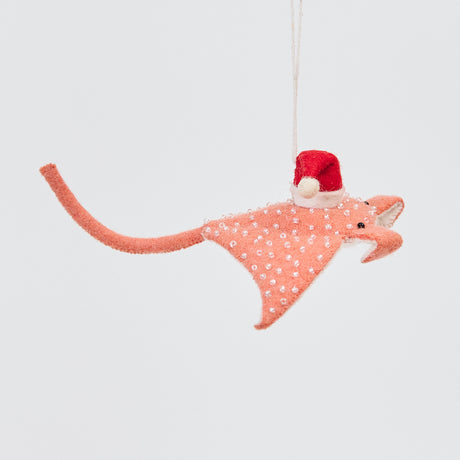 Handmade felt Santa Coral Manta ornament from Craftspring, featuring a festive Santa hat with intricate beaded and embroidered details—heirloom-quality Christmas decor, ethically crafted by artisans using sustainable wool.