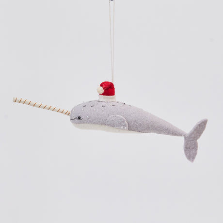 Handmade felt Santa Gray-Blue Narwhal ornament from Craftspring, featuring intricate beaded and embroidered details and a red Santa hat—heirloom-quality Christmas decor, ethically crafted by artisans using sustainable wool.